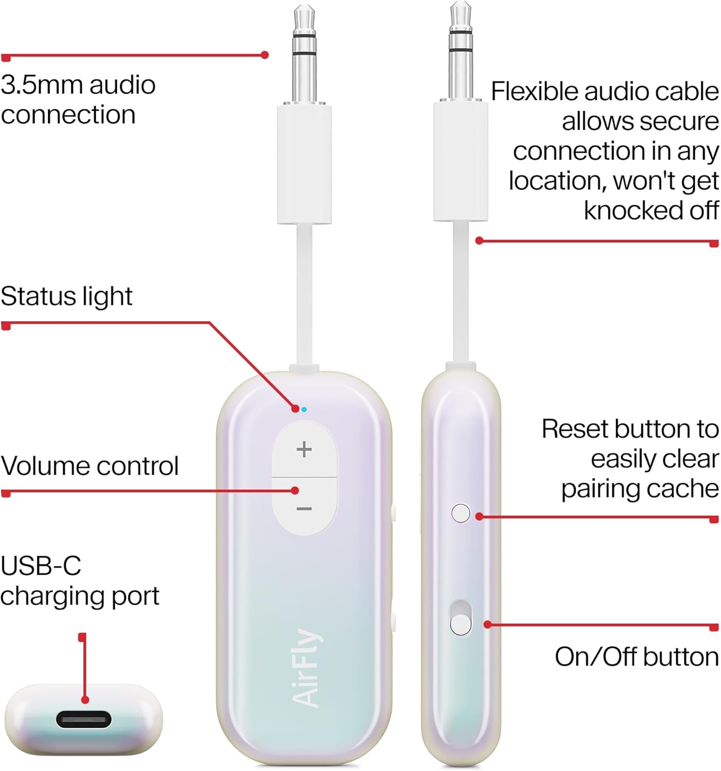 Airfly SE Iridescent Bluetooth Wireless Audio Transmitter Receiver for Airpods or Wireless Headphones - Use with Any 3.5Mm Audio Jack for Airplane, Gym Equipment, TV, Ipad/Tablet and Auto