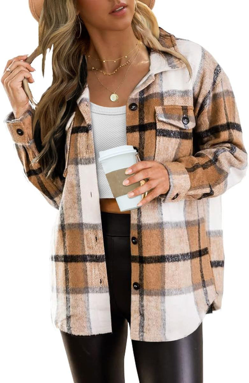 Women's Fall Casual Plaid Shackets Button down Long Sleeve Shirts 