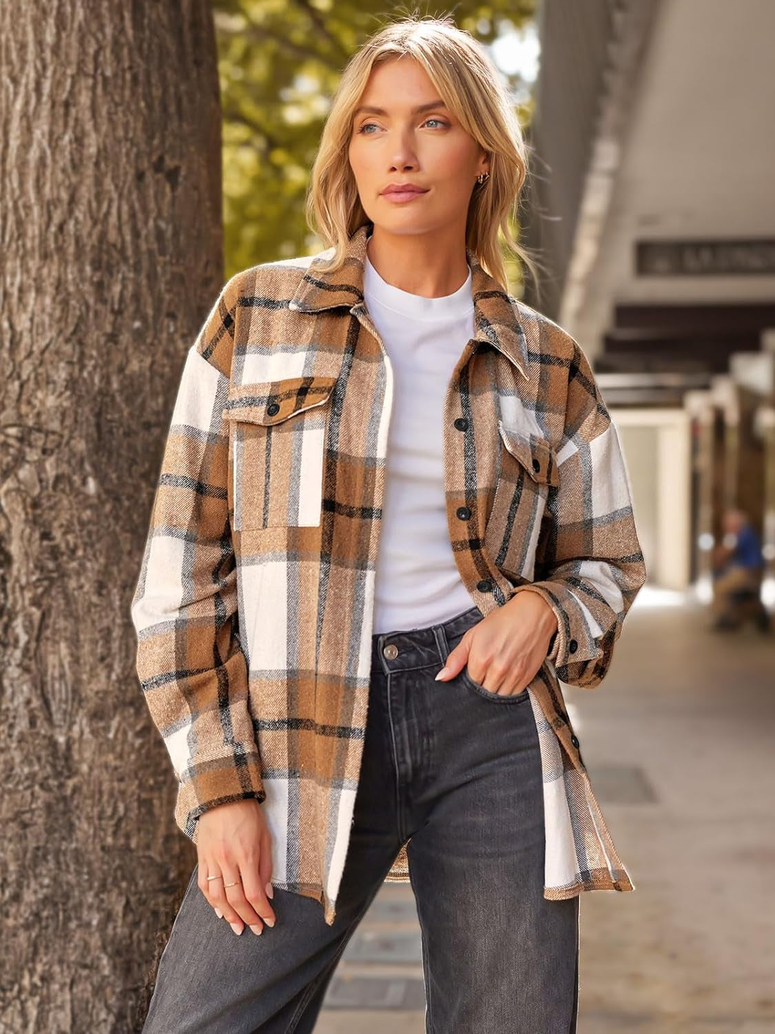 Women's Fall Casual Plaid Shackets Button down Long Sleeve Shirts 