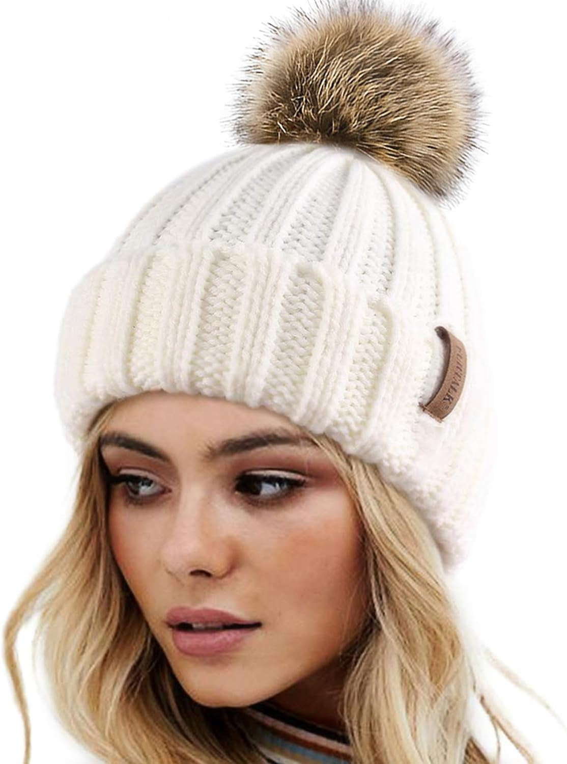 Women's Faux Fur Pom Knitted Beanie Hat 