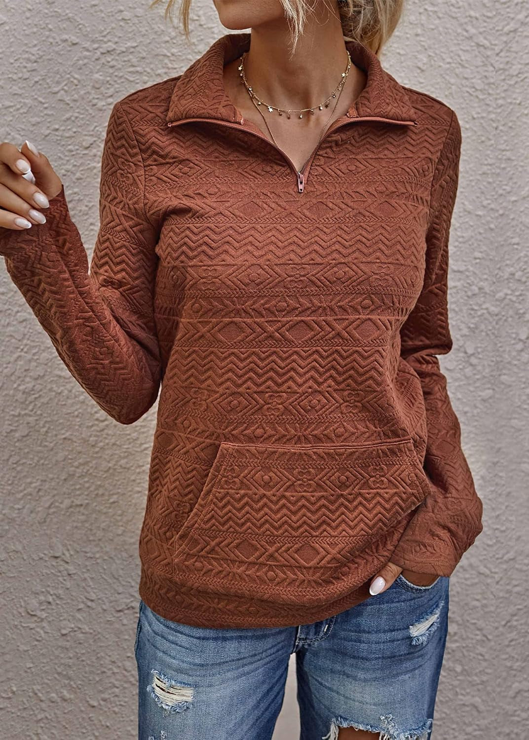 Women's Lightweight Quilted Pattern Long Sleeve Casual Sweatshirts