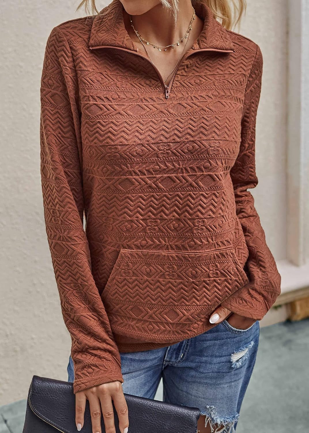 Women's Lightweight Quilted Pattern Long Sleeve Casual Sweatshirts